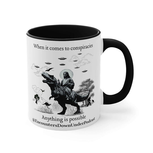 Encounters Down Under Podcast Supporting UFO Mug - Jesus Riding Dinosaur Mug Printify