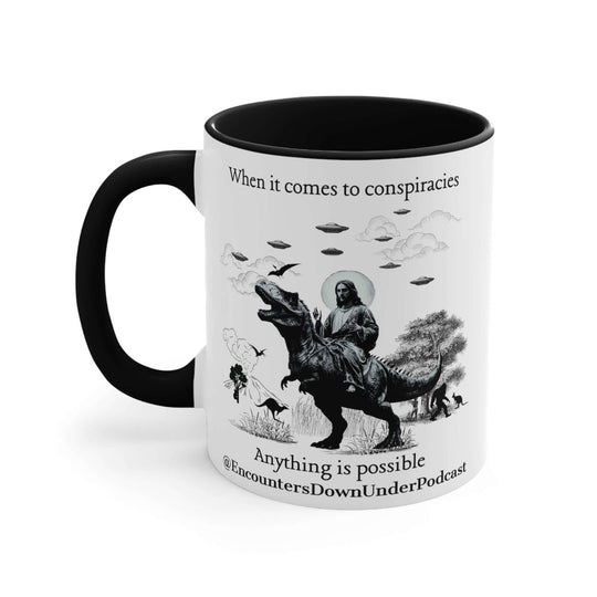 Encounters Down Under Podcast Supporting UFO Mug - Jesus Riding Dinosaur Mug Printify