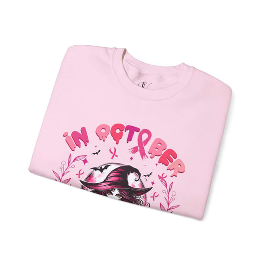 In October We Wear Pink Witch Sweatshirt Sweatshirt Printify