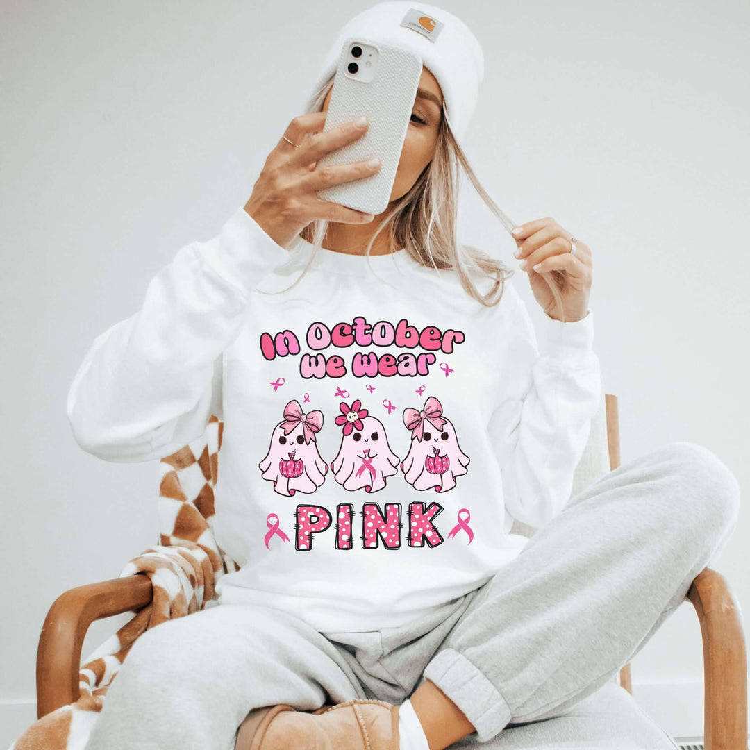 Ghosts Breast Cancer Support "In October We Wear Pink" Sweatshirt Sweatshirt Printify L White