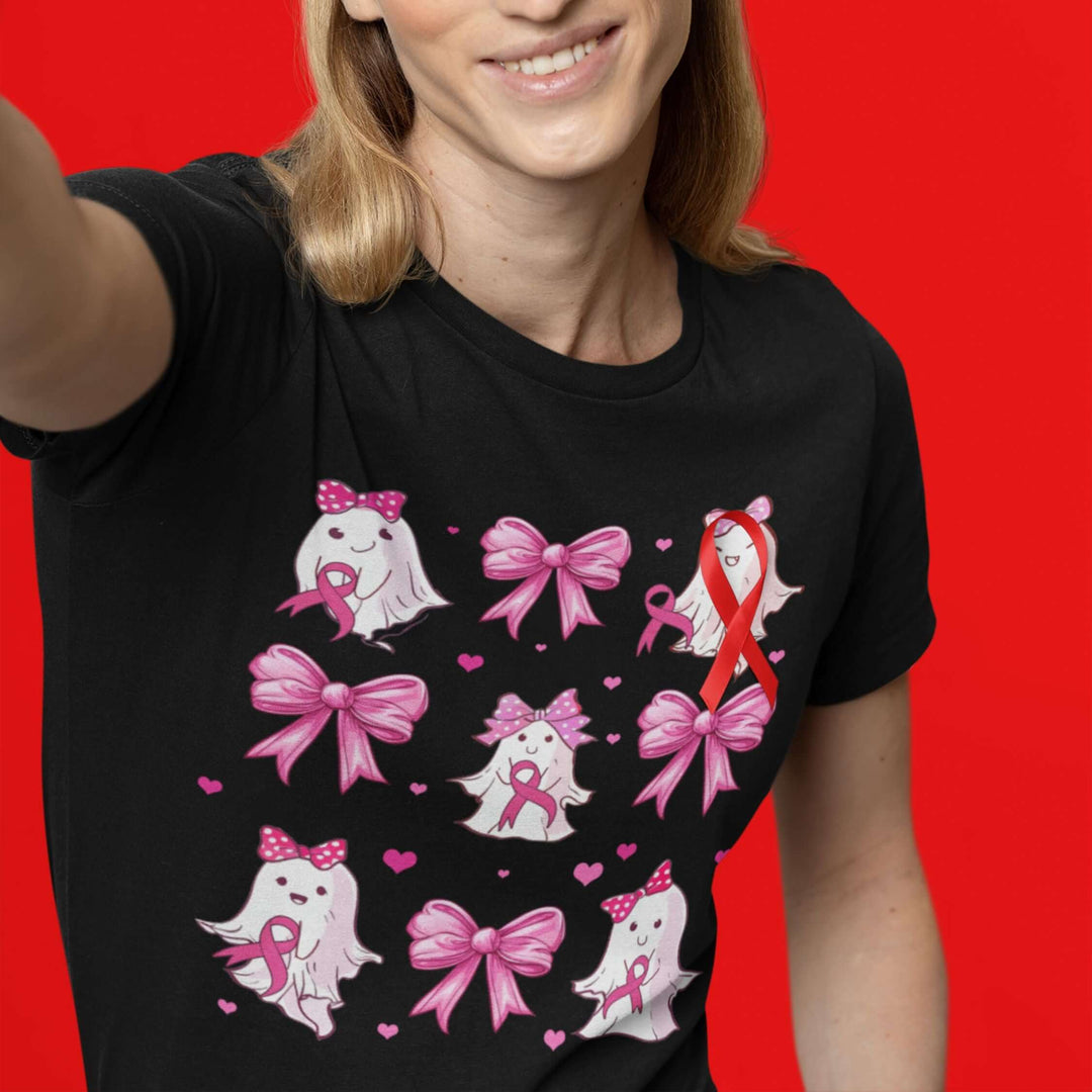 Ghosts and Pink Ribbons Cancer Support T-Shirt T-Shirt Printify Black M