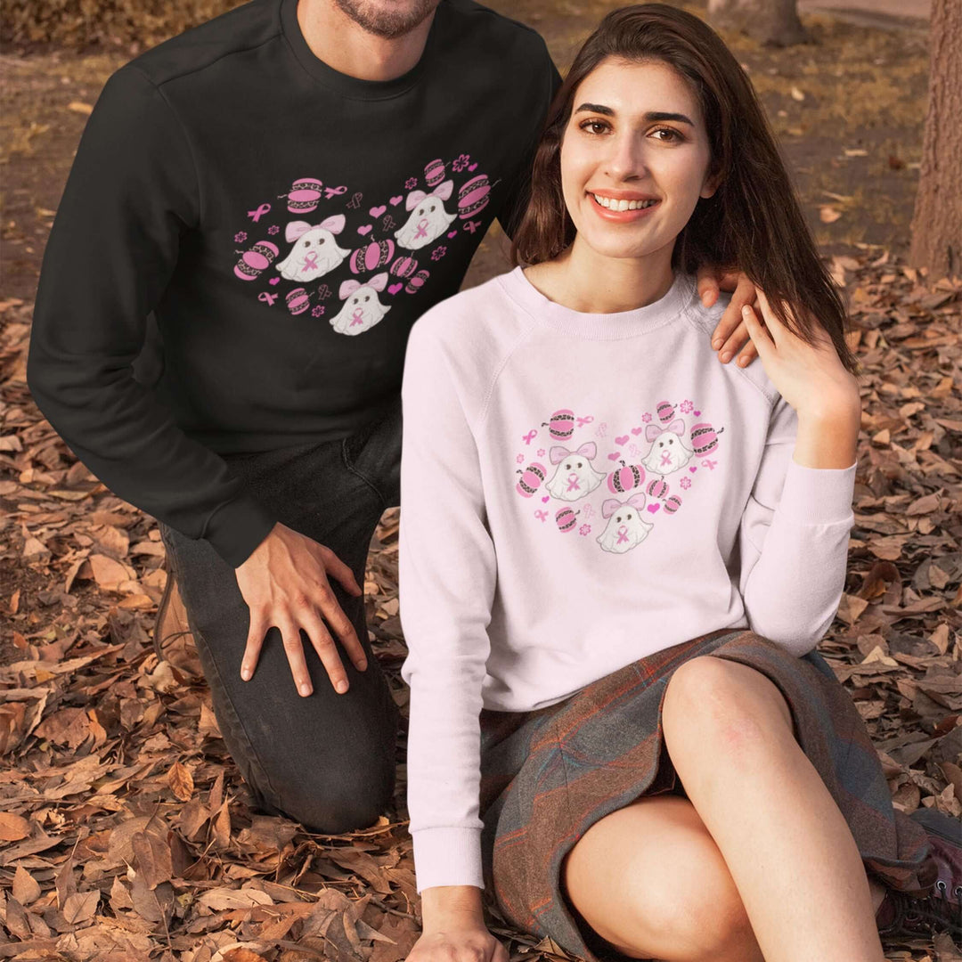 Ghosts and Pumpkins Breast Cancer Support Sweatshirt Sweatshirt Printify