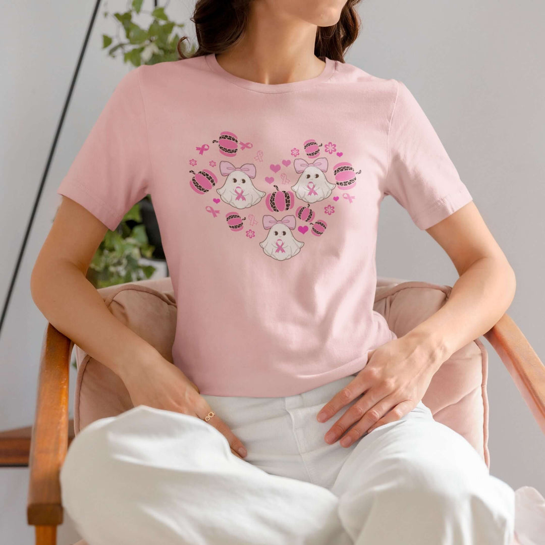 Ghosts and Pumpkins Breast Cancer Support T-Shirt T-Shirt Printify Soft Pink L