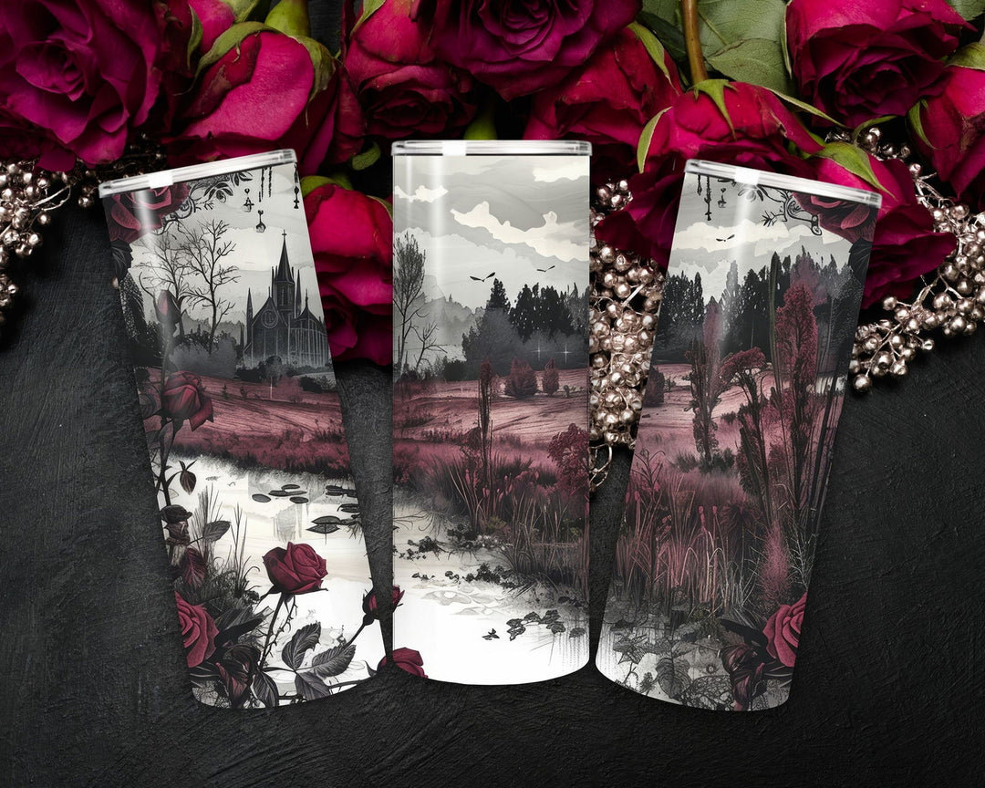 Gothic Roses and Castle Halloween Tumbler Mug Printify