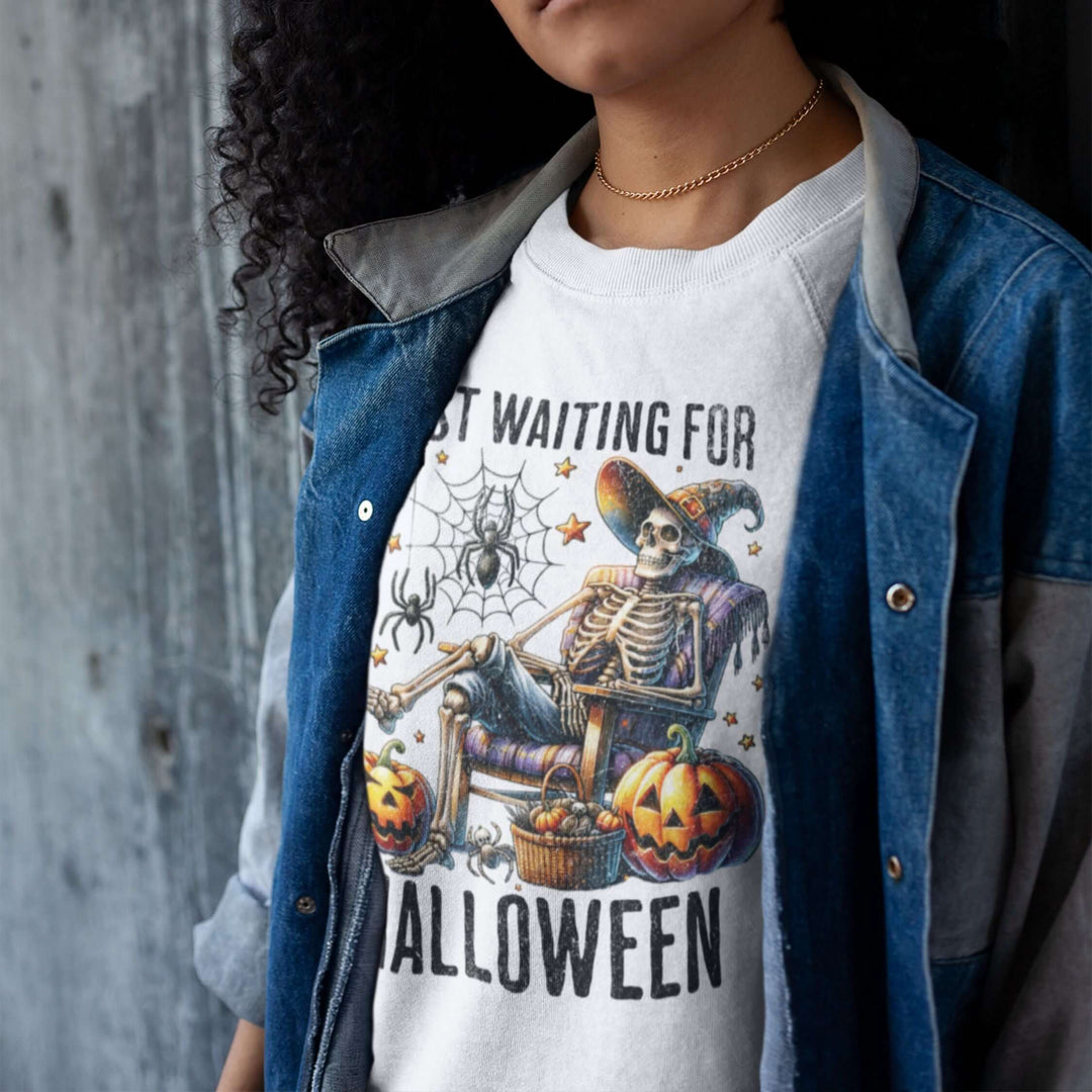 Halloween Crewneck Sweatshirt with Relaxing Skeleton Sweatshirt Printify L White