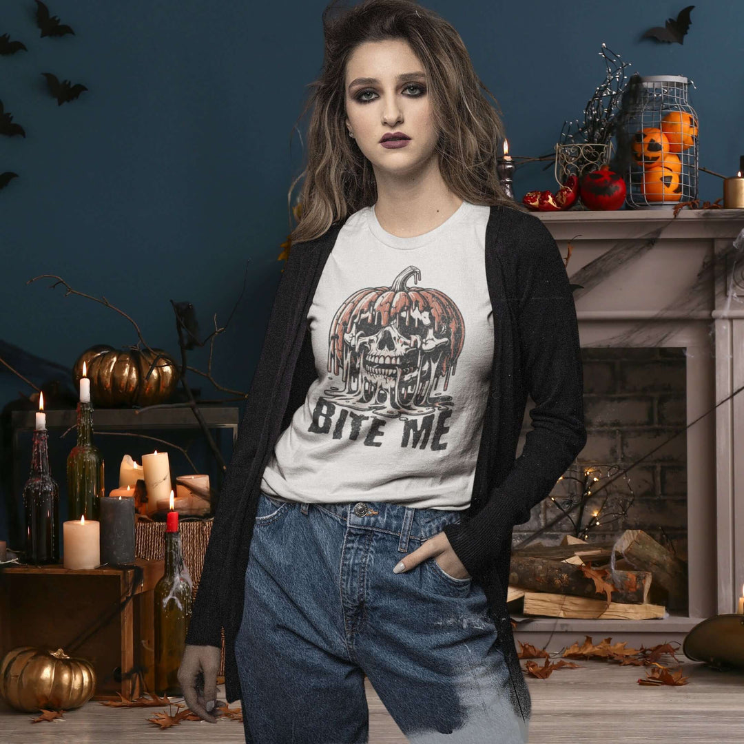 Halloween Tee - Bite Me Pumpkin Skull Tee T-Shirt Printify White M