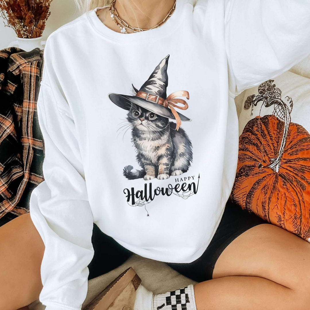 Halloween Witch Cute Cat "Happy Halloween" Sweatshirt Sweatshirt Printify