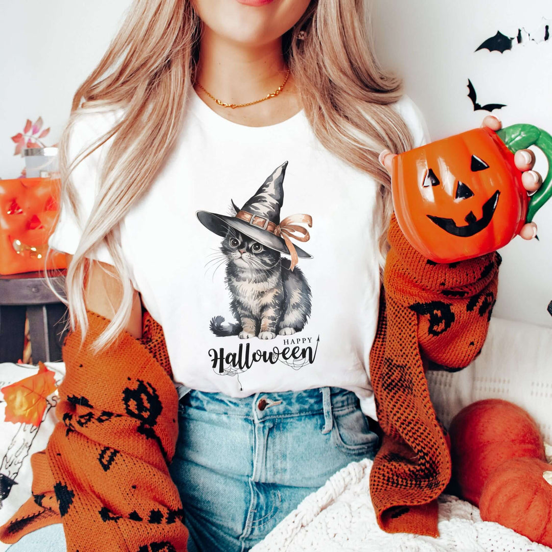 Halloween Witch Cute Cat "Happy Halloween" T-Shirt T-Shirt Printify White S