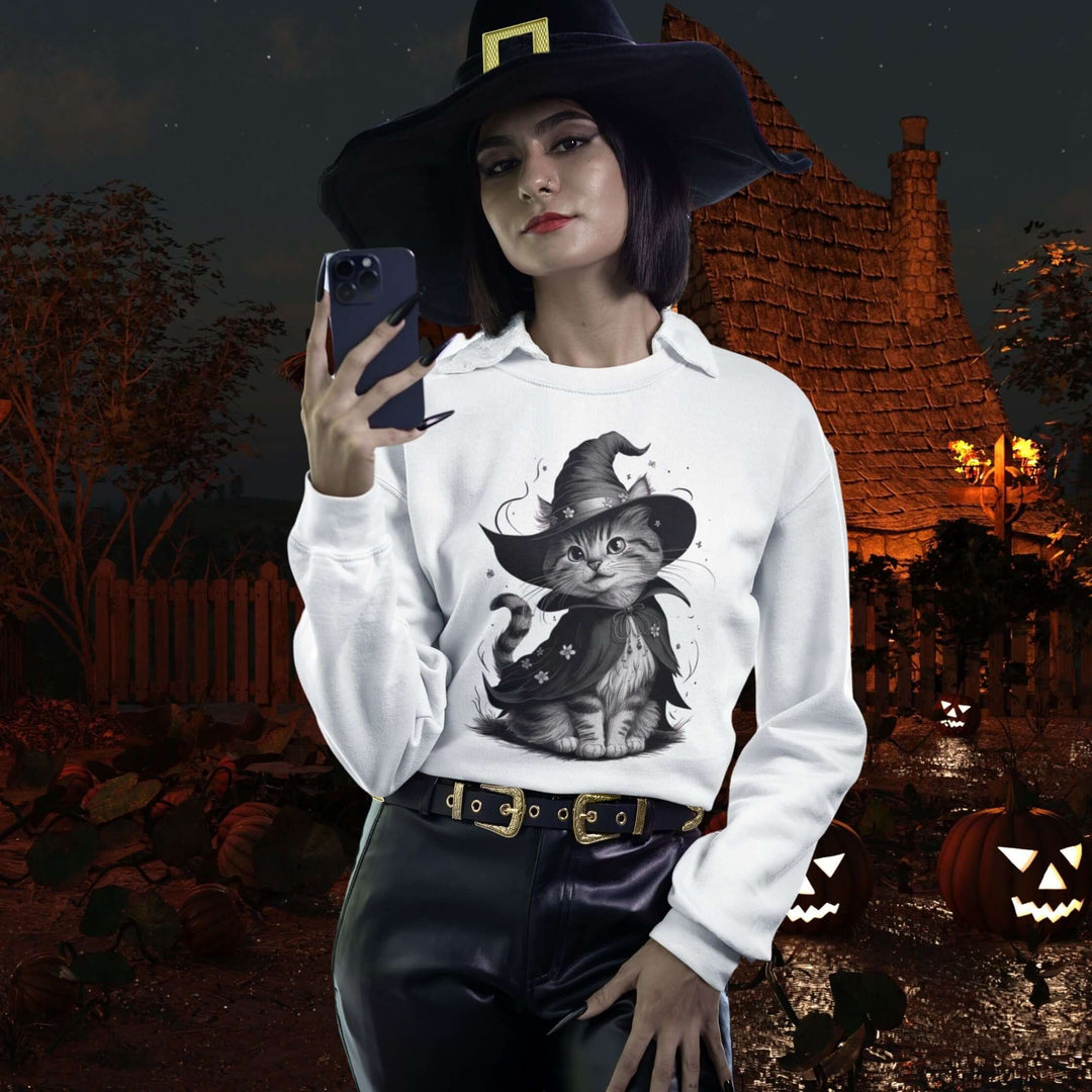 Halloween Witch Cute Cat Sweatshirt Sweatshirt Printify L White