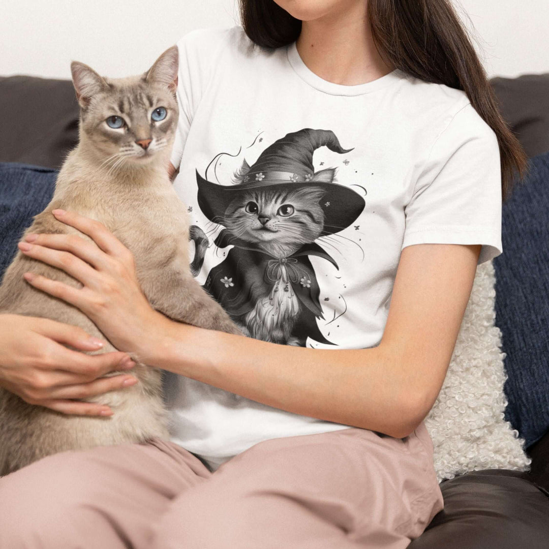 Halloween Witch Cute Cat T-Shirt T-Shirt Printify White L