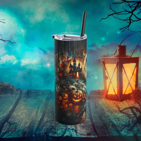 Haunted Castle Moon Drip Halloween Tumbler Mug Printify
