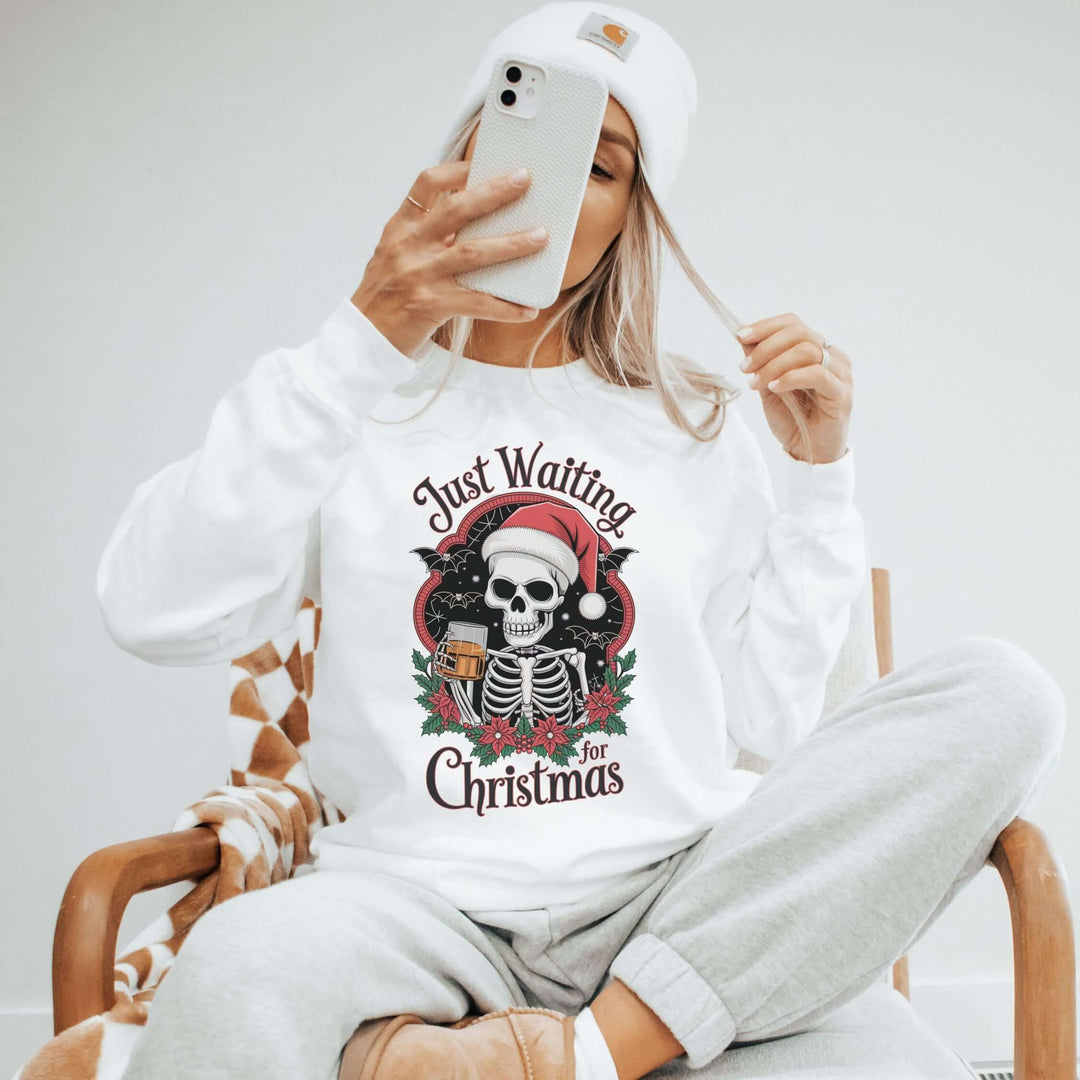 "Just Waiting for Christmas" Skeleton Sweatshirt Sweatshirt Printify L White