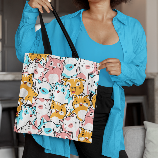 Cat Tote Bag - Kawaii Style Repeating Pattern with Playful and Colorful Cartoon Cats Bags Printify