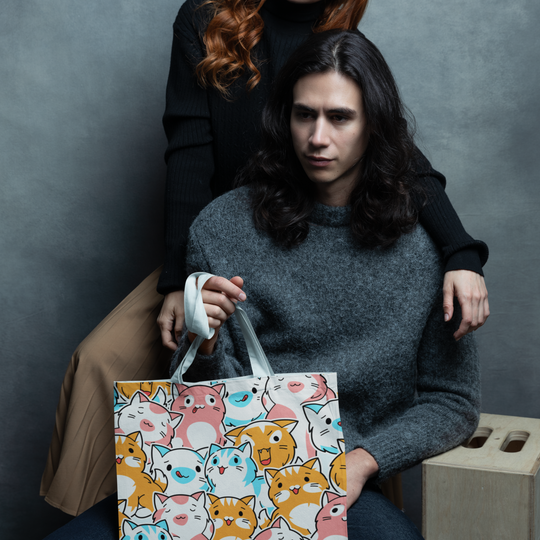 Cat Tote Bag - Kawaii Style Repeating Pattern with Playful and Colorful Cartoon Cats Bags Printify