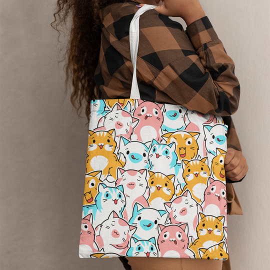 Cat Tote Bag - Kawaii Style Repeating Pattern with Playful and Colorful Cartoon Cats Bags Printify