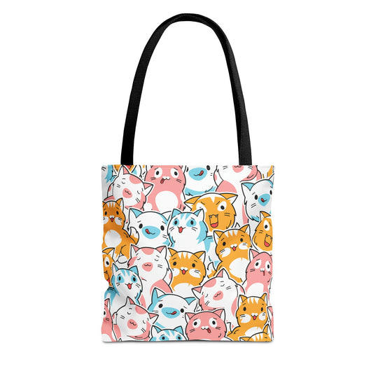 Cat Tote Bag - Kawaii Style Repeating Pattern with Playful and Colorful Cartoon Cats Bags Printify 13" × 13'' Black