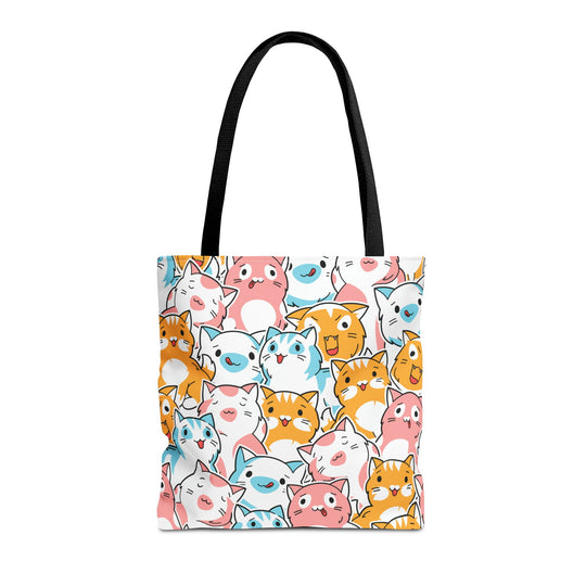 Cat Tote Bag - Kawaii Style Repeating Pattern with Playful and Colorful Cartoon Cats Bags Printify 16" × 16'' Black