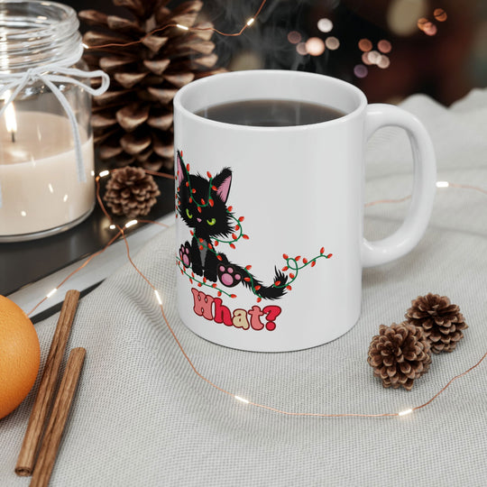 Cat Christmas Lights "What?!" Mug Mug Printify
