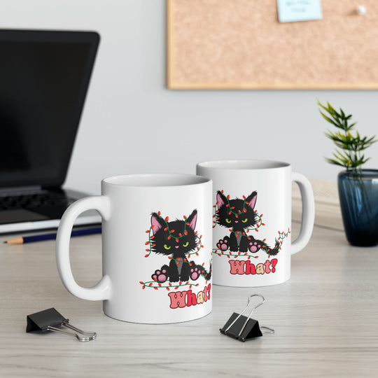 Cat Christmas Lights "What?!" Mug Mug Printify