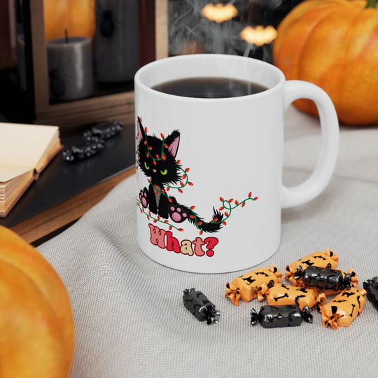 Cat Christmas Lights "What?!" Mug Mug Printify