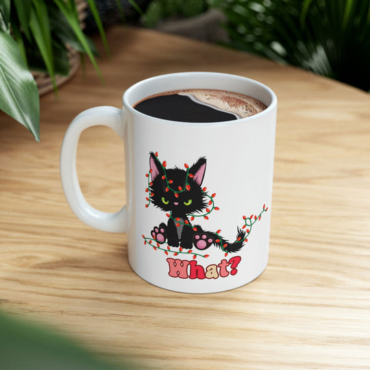 Cat Christmas Lights "What?!" Mug Mug Printify