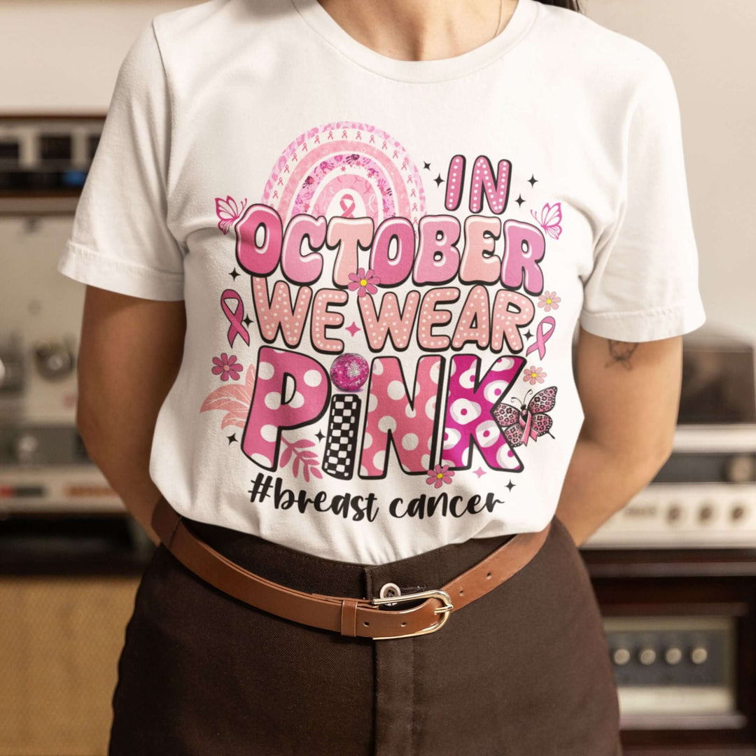 In October We Wear Pink Retro T-Shirt T-Shirt Printify