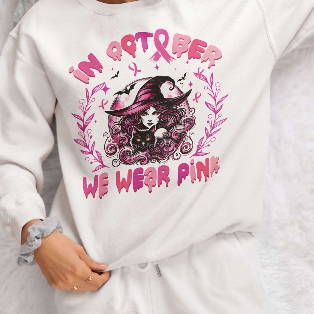 In October We Wear Pink Witch Sweatshirt Sweatshirt Printify M White