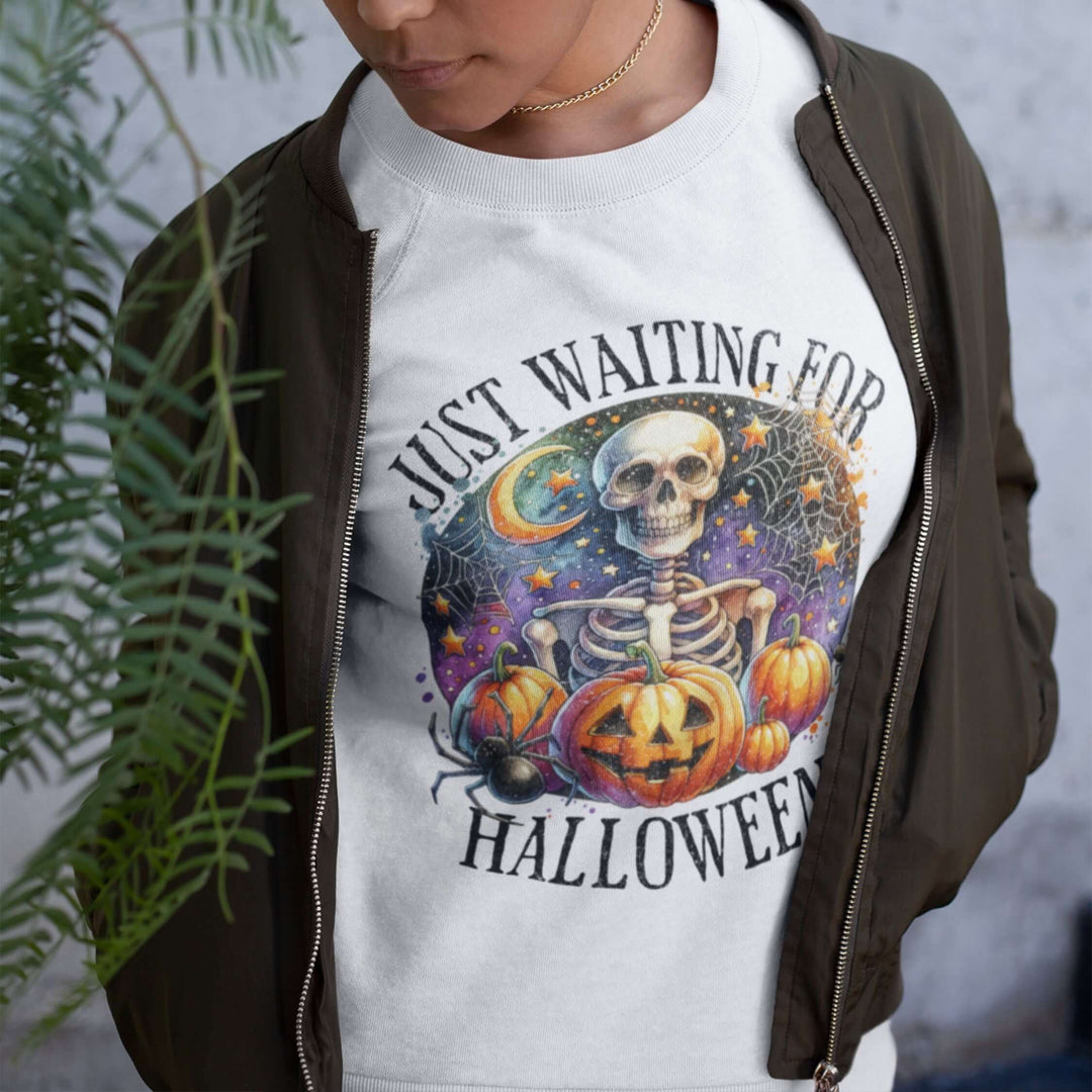 Just Waiting For Halloween Crewneck Sweatshirt Sweatshirt Printify L White
