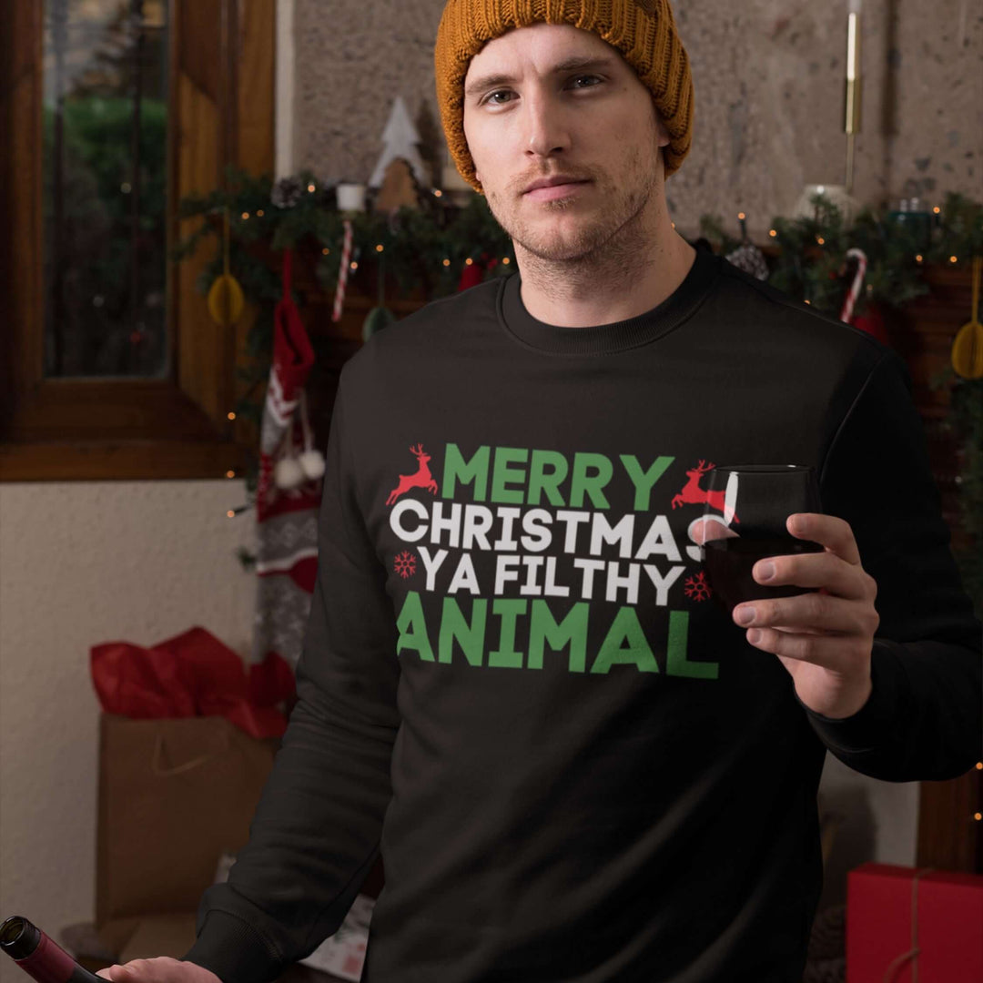 Merry Christmas Ya Filthy Animal Sweatshirt Sweatshirt Printify L Black