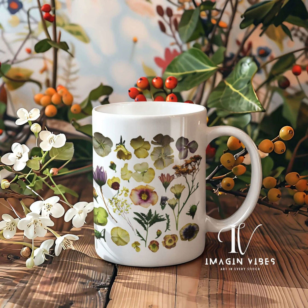 Pressed Flowers Mug - Boho Wildflowers Cottagecore Coffee Mug Mug Printify