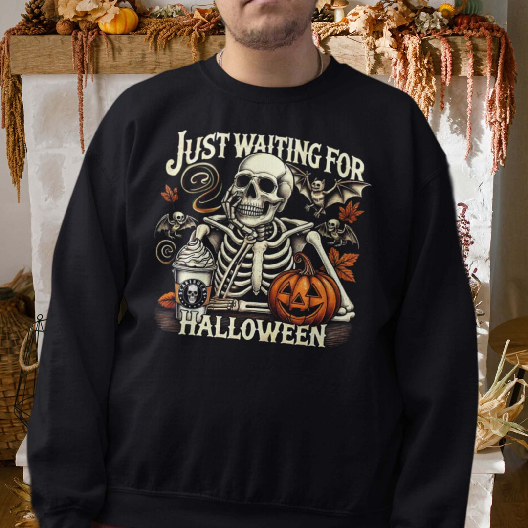 Skeleton Halloween Crewneck Sweatshirt - Just Waiting for Halloween Sweatshirt Printify