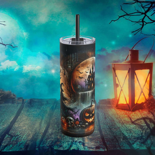 Spooky Castle and Moon Drip Halloween Tumbler Mug Printify