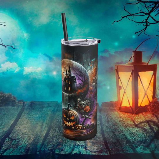 Spooky Castle and Moon Drip Halloween Tumbler Mug Printify