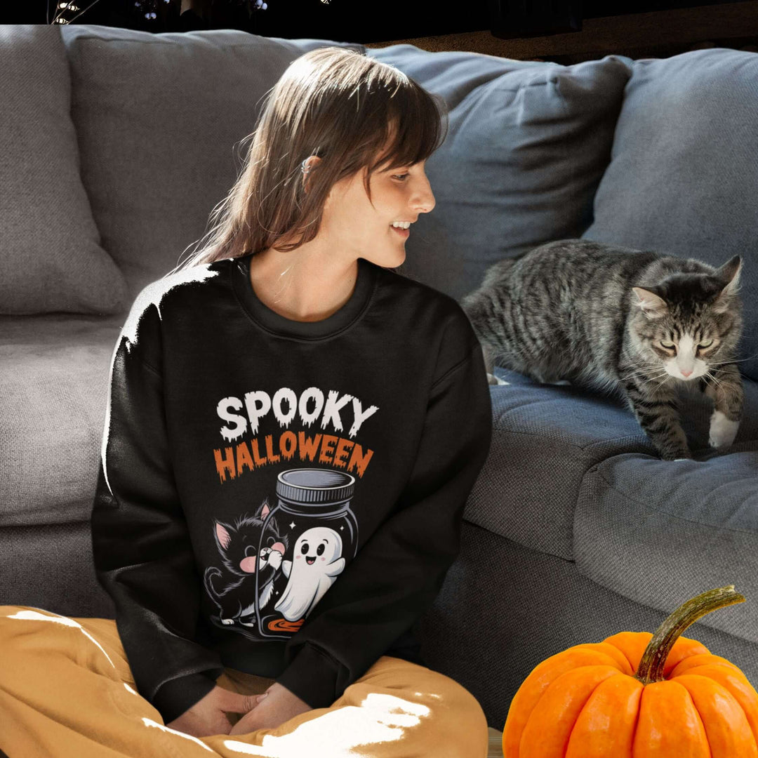 Spooky Cat & Ghost Halloween Sweatshirt Sweatshirt Printify