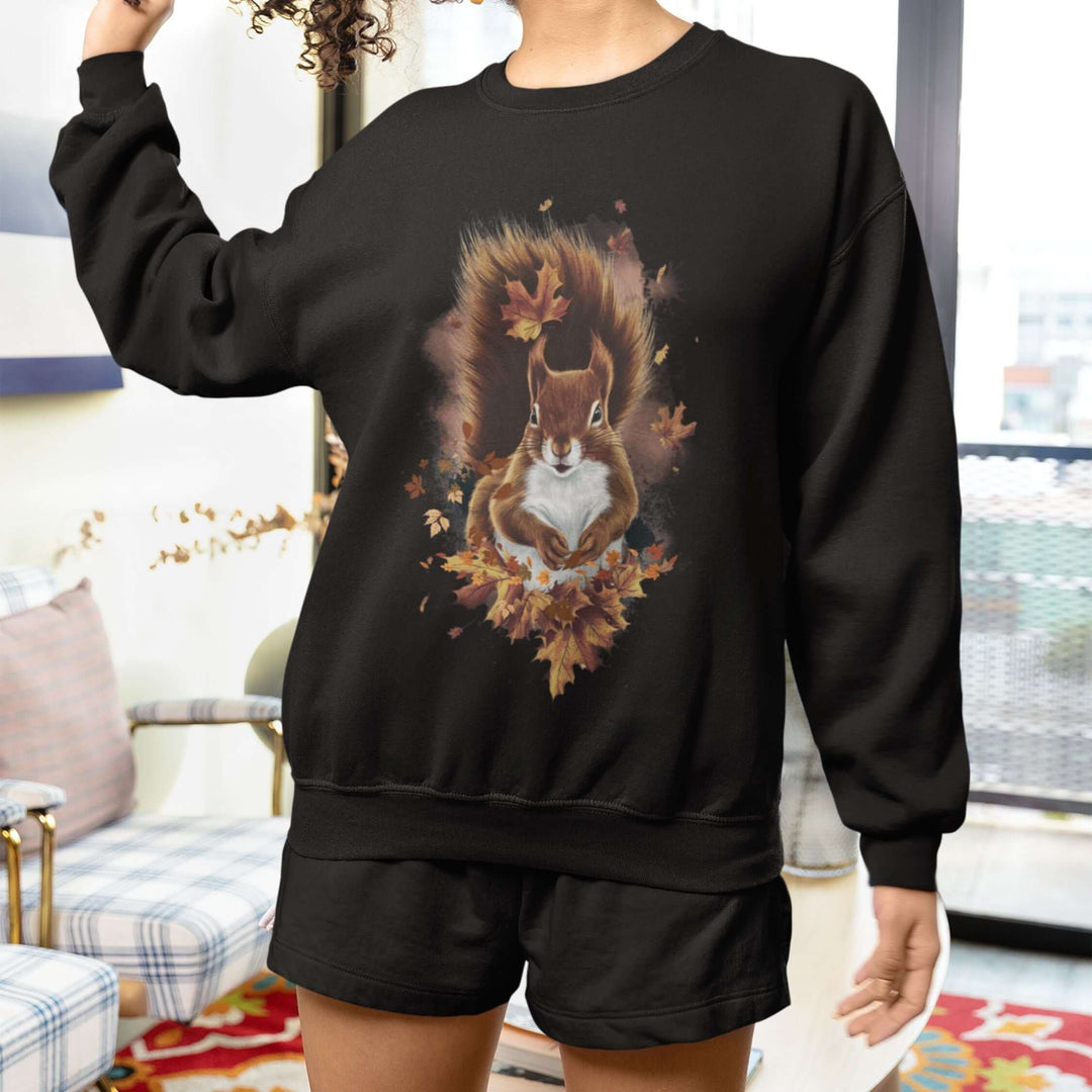 Squirrel and Autumn Leaves Fall Sweatshirt Sweatshirt Printify M Black