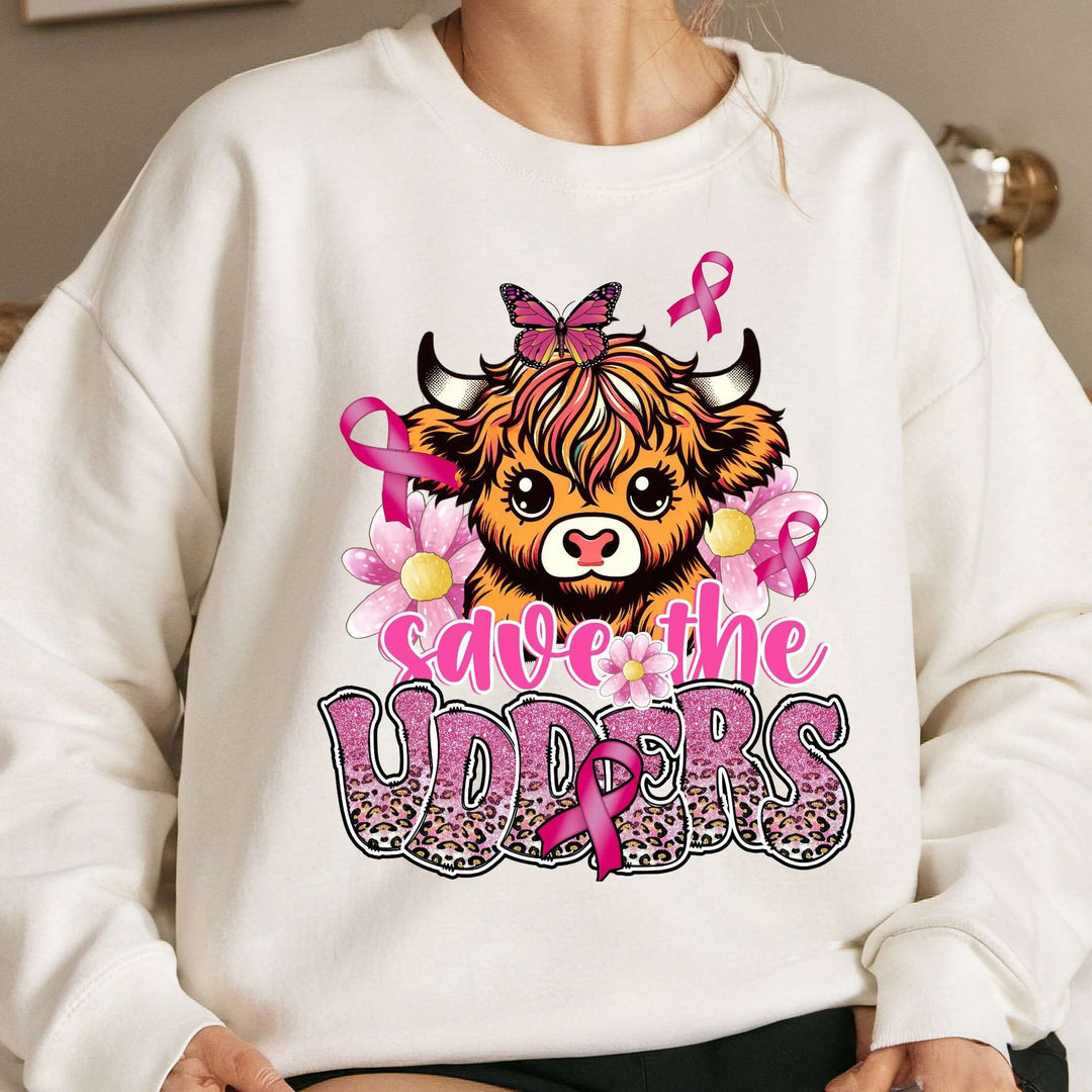 Breast Cancer Highland Cow Save the Udders Sweatshirt Sweatshirt Printify