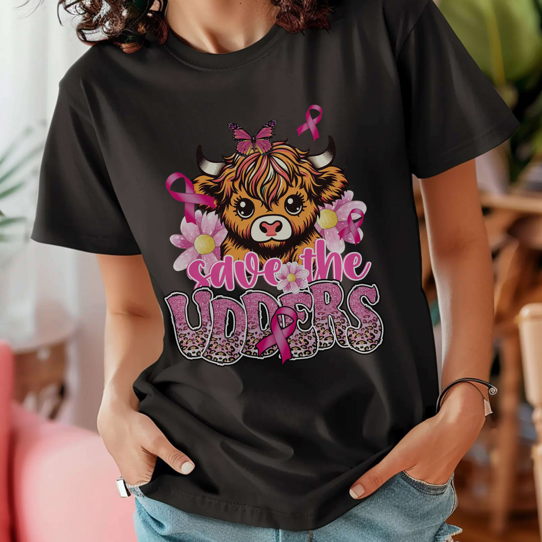 Breast Cancer Highland Cow Save the Udders T-Shirt T-Shirt Printify