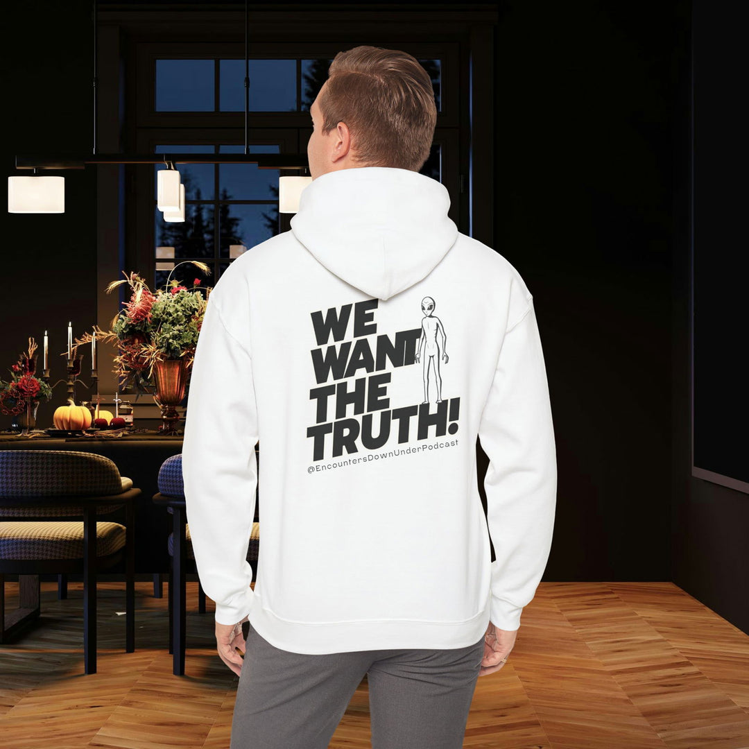We Want the Truth UFO Hoodie: Conspiracy Theory Hoodie Printify White S