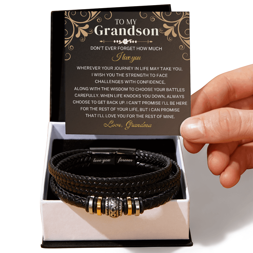 To My Grandson - Wherever Your Journey - Braided Leather Bracelet Gift Set SS519B Jewelry ShineOn Fulfillment Two Tone Box