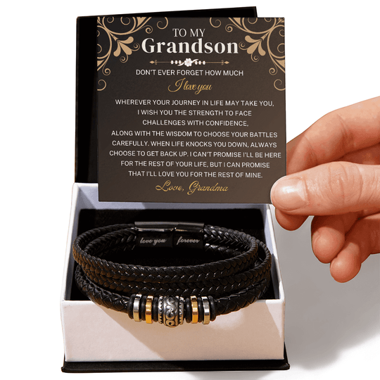 To My Grandson - Wherever Your Journey - Braided Leather Bracelet Gift Set SS519B Jewelry ShineOn Fulfillment Two Tone Box
