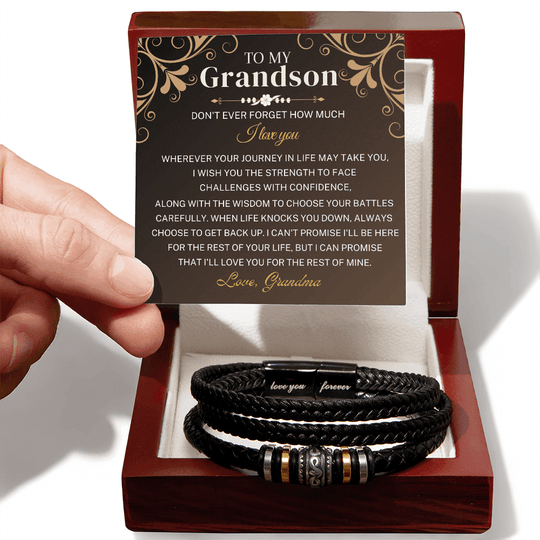 To My Grandson - Wherever Your Journey - Braided Leather Bracelet Gift Set SS519B Jewelry ShineOn Fulfillment Luxury Box w/LED