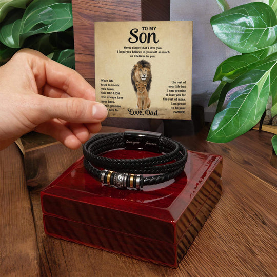 To My Son - Old Lion - Braided Leather Bracelet Gift Set - STS10 Jewelry ShineOn Fulfillment Luxury Box w/LED