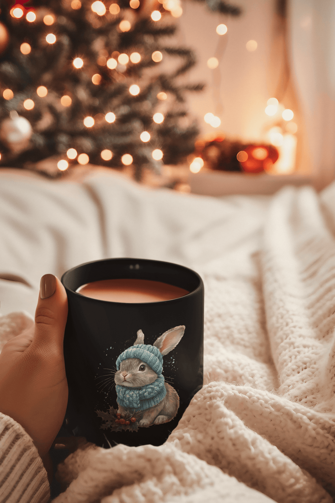 Cute Winter Watercolor Bunny Black Mug Mug Printify