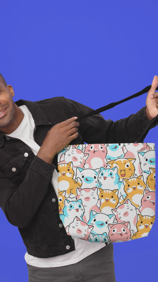 Cat Tote Bag - Kawaii Style Repeating Pattern with Playful and Colorful Cartoon Cats Bags Printify