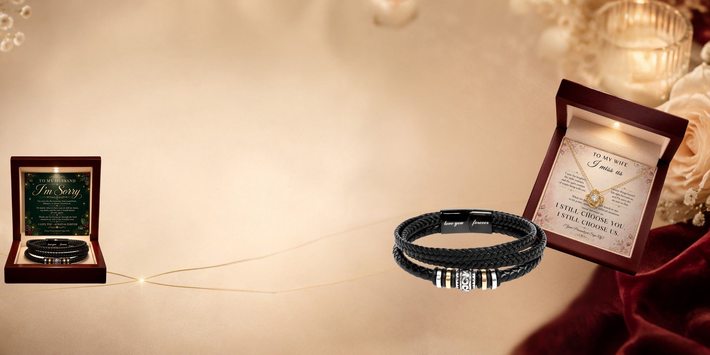 Apology & Reconciliation Gifts featuring a bracelet and necklaces in elegant packaging.