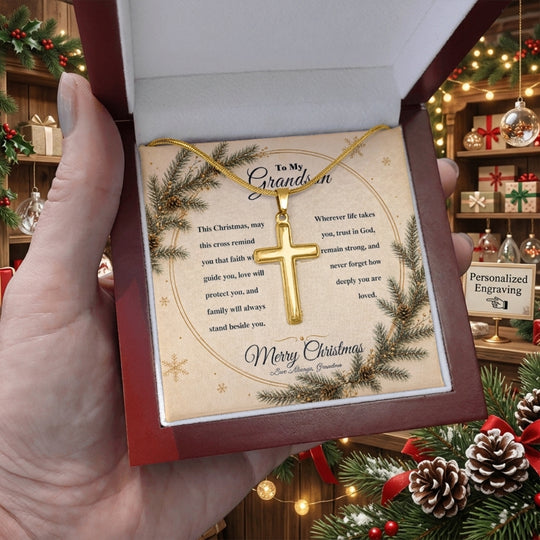 To My Grandson – Personalized Christmas Cross Necklace