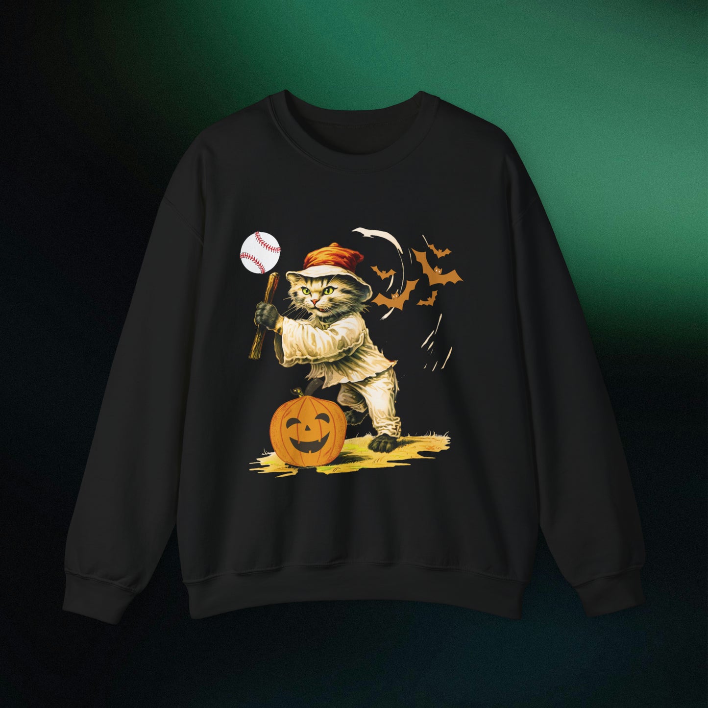 Halloween Cat Baseball Sweatshirt | Playful Feline and Pumpkins - Spooky Sports | Halloween Fun Sweatshirt Sweatshirt S Black 