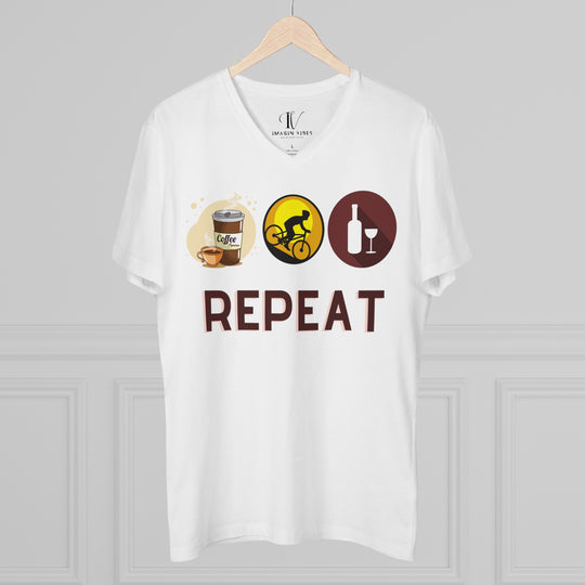 V-neck T-Shirt - Coffee, Ride, Wine, Repeat - Minimalist V-neck Printify