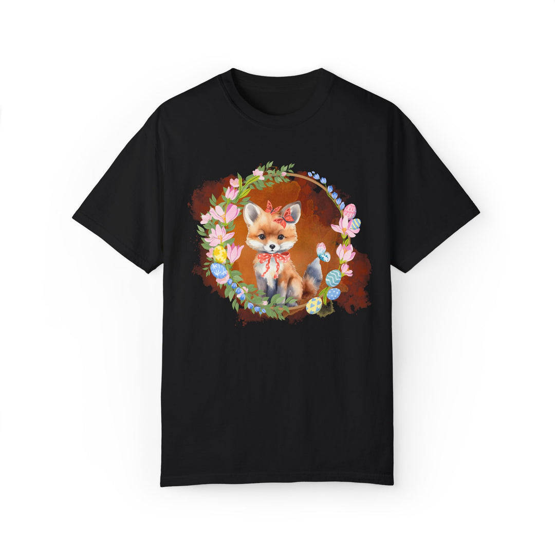 Fox Illustration Springtime Unisex Garment-Dyed T-shirt T-Shirt Printify Black S