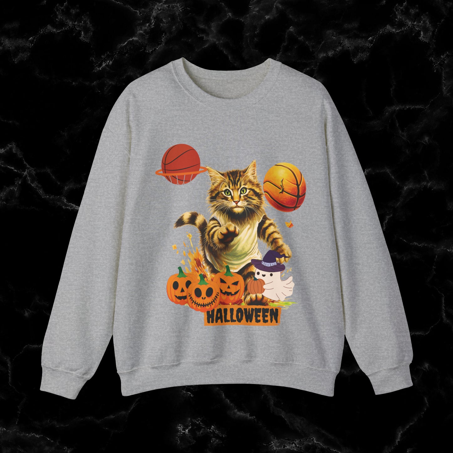 Halloween Cat Basketball Sweatshirt | Playful Feline and Pumpkins | Spooky Sports | Halloween Fun Sweatshirt Sweatshirt S Sport Grey 